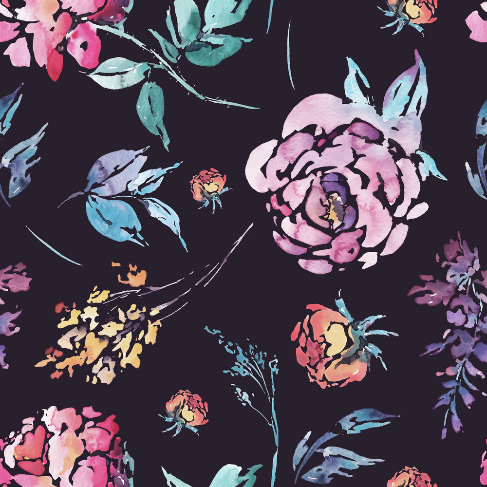 Watercolor Flowers w/ Black Background Pattern
